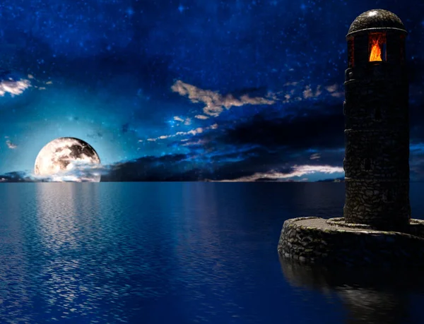 Alter Leuchtturm Mit Feuer Und Mond Darstellung — Stockfoto
