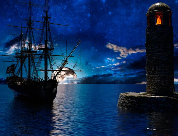 月明かりの下で火災と古い灯台近くの海賊帆船 3Dレンダリング — ストック写真