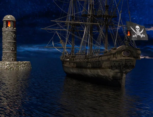 月光下起火的旧灯塔附近的海盗船 3D渲染 — 图库照片
