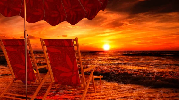 Two Empty Chairs Beach Opened Umbrella View Sea Sunset Rendering — Stock Photo, Image