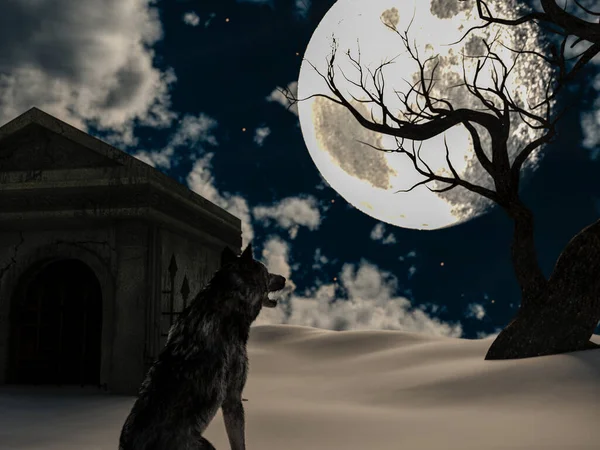 Illustration Wolf Full Moon Winter Creepy Tree Old Crypt Rendering — Stock Photo, Image