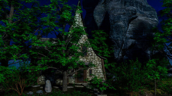 Stoned house in a fairytale forest at moonlight - 3d rendering