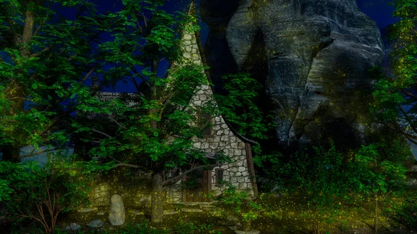 Maison Lapidée Dans Une Forêt Contes Fées Clair Lune Rendu — Photo