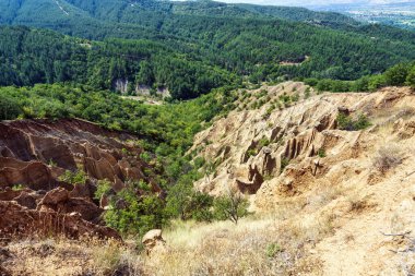 Bulgaristan 'daki Stob Piramitlerinin panoramik görüntüsü, Rila Dağları yakınlarındaki erozyonla şekillenen eşsiz kumtaşı oluşumları.