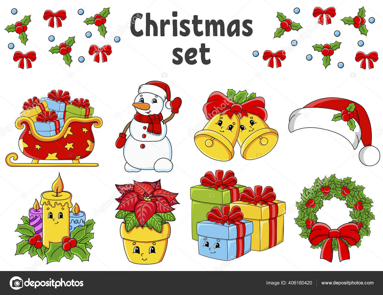 Set Stickers Cute Cartoon Characters Christmas Theme Hand Drawn Colorful Vector Image By C Platypusmi86 Vector Stock 406180420