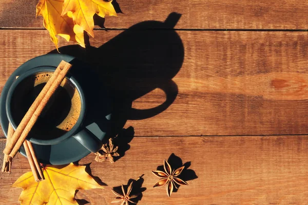 Grey Cup Coffee Cinnamon Yellow Maple Leaves Dark Wood Table — Stok Foto