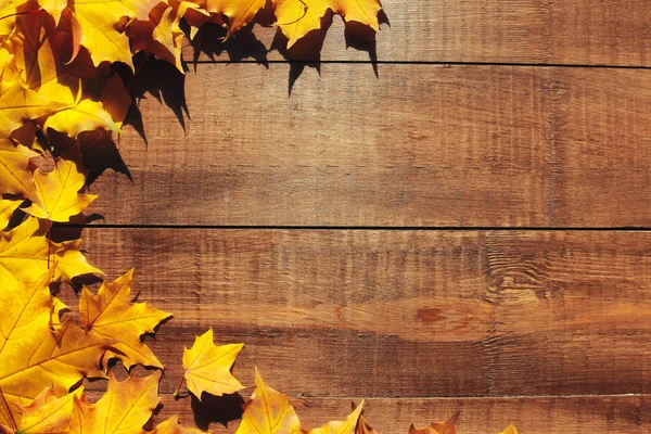 Sonbahar arka plan bırakır. Hoş geldiniz Sonbahar konsepti. Kahverengi ahşap masa üzerinde sarı akçaağaç yaprakları. Eylül, Ekim, Kasım, şükran günü, sınır, çerçeve