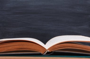 Okulun kara tahta geçmişine karşı açık bir kitap. Yan görüş, yakın çekim, kopyalama alanı, sınır. Öğrenme, eğitim, bilgi, kütüphane, aşk okuma kavramı