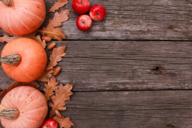 Turuncu balkabakları, kırmızı elmalar, kuru meşe yaprakları, kaba ahşap masa zemininde meşe palamudu. Üst görünüm, boşluğu kopyala. Sonbahar, tatil, Şükran Günü, hasat mevsimi konsepti. 
