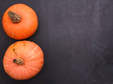 Koyu gri arka planda iki turuncu balkabağı. Üst görünüm, boşluğu kopyala. Yemek, Şükran Günü, hasat mevsimi konsepti. 