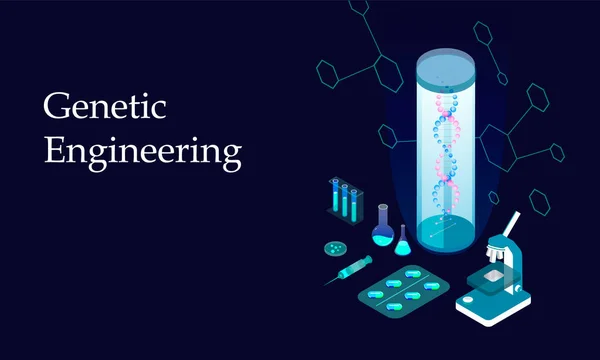 Genetik mühendisliği. Mikroskop, tablet, matara ve DNA moleküllerine sahip Isome laboratuvarı.