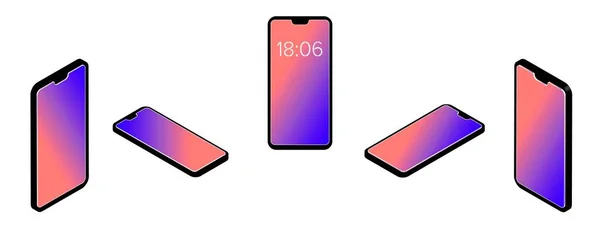 Farklı düzlemlerdeki izometrik telefon, 3d hacimli, gradyan arkaplan