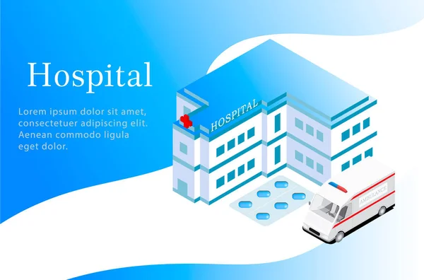 İzometrik hastane, mavi arka planda haplar ve ambulans. İlaç.