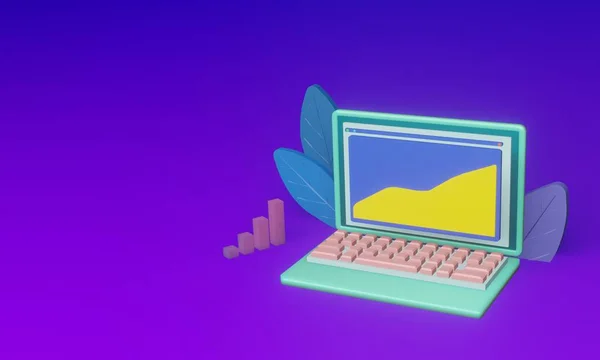 Mor gradyan arka planda veri analiziyle 3D parlak laptop. 3B resim