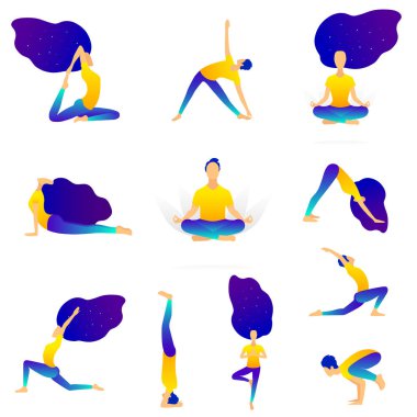 Kızlar ve erkekler yoga yapar ve çeşitli pozlar ve şekillerde meditasyon yaparlar..