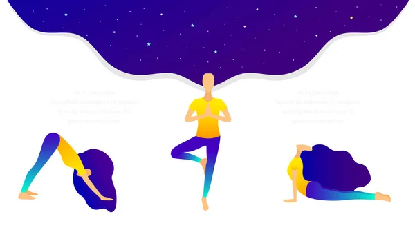 Kızlar çeşitli pozlarda yoga yaparlar. Değişken bir arka planda kozmos kılı. Web sayfası.