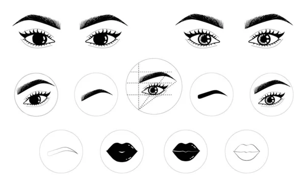 Iconos Maquillaje Permanente Set Storys Ojos Pestañas Labios Cejas — Vector de stock