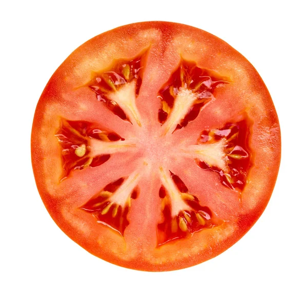 Rote reife Tomatenscheibe auf weißem, isoliertem Hintergrund, Draufsicht — Stockfoto