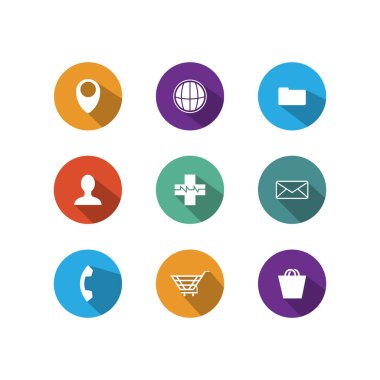 Uzun gölge stili tasarımı ile yuvarlak şekil içinde ayarlanmış vektör simgesi