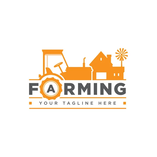 Çiftlik logosu, rozeti, traktör ile etiket, güneş arka plan, vektör illüstrasyon yükselterek üzerinde ev ve su kulesi. Çiftlik evi ve alanları ile iki renkli dikey logo, rozet, etiket tasarımı