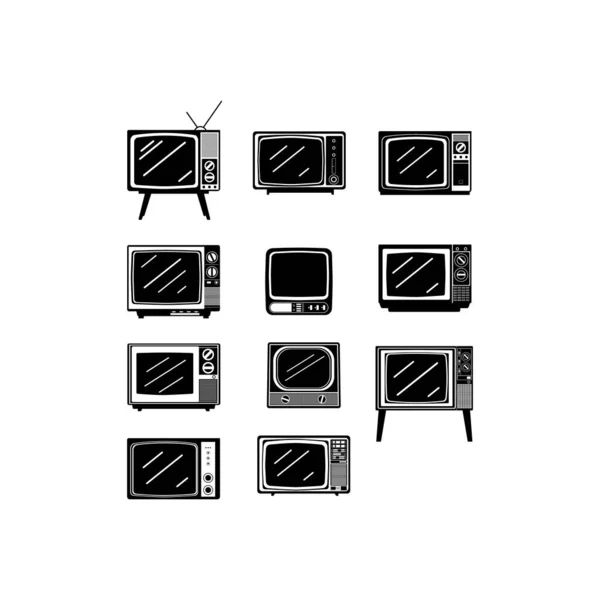 Na białym tle czarne retro tv ikony ustaw na białym tle — Wektor stockowy