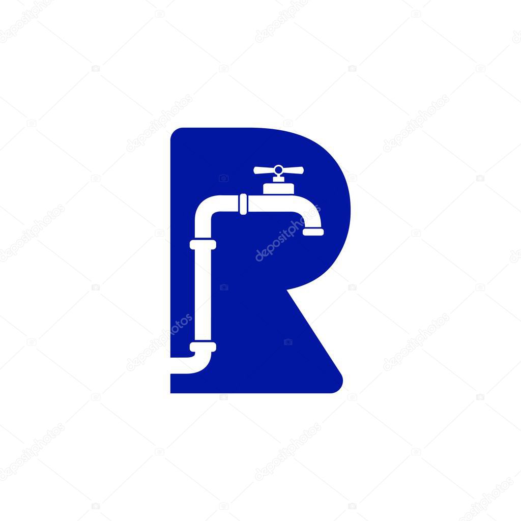 Letter R plumber service repair logo with faucet in negative space logo design vector