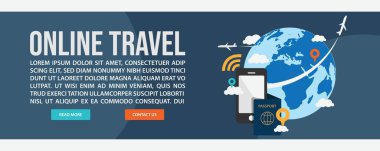 Çevrimiçi seyahat web pankartı şablon tasarımı. Düz tasarım biçimi Çevrimiçi Seyahat web bayrak vektör illüstrasyon tasarımı
