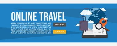 Çevrimiçi seyahat web pankartı şablon tasarımı. Düz tasarım biçimi Çevrimiçi Seyahat web bayrak vektör illüstrasyon tasarımı