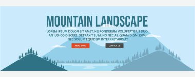 Dağ manzarası web afişi şablon tasarımı. Düz tasarım tarzı dağ manzarası Web sancak taşıyıcı illüstrasyon tasarımı