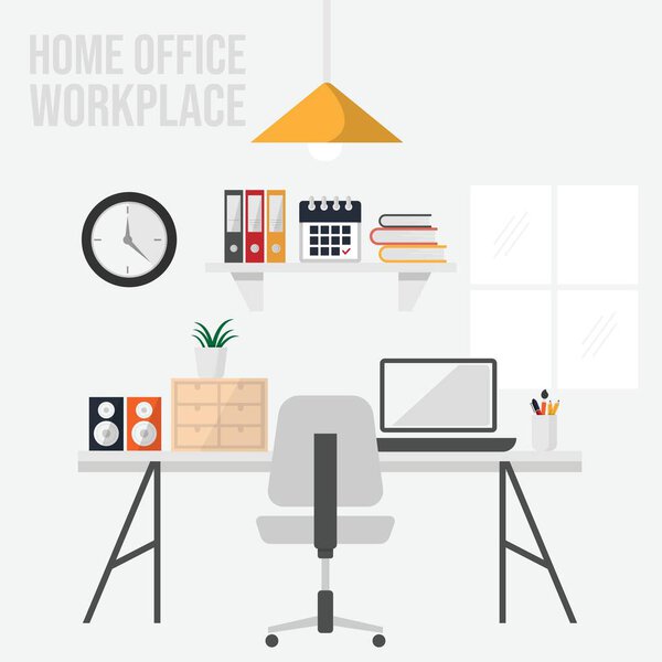 Home office workplace flat vector image. Workspace. Home office interior. Stylish home or studio. workplace of student with computer. Vector Flat design