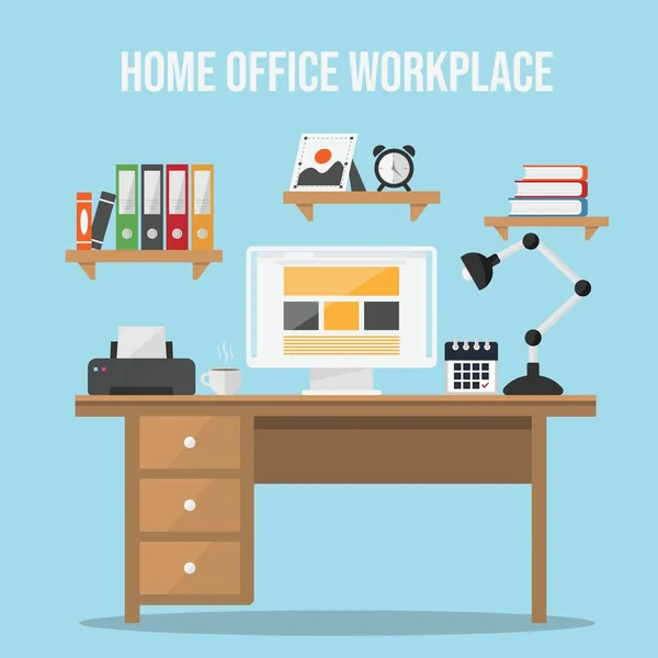 Flachbild Vektorbild Für Home Office Arbeitsplätze Arbeitsraum Home Office Interieur — Stockvektor