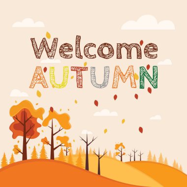 Hoş geldiniz sonbahar vektörü arka planı. Akçaağaç ve meşe yaprakları boş uzay arkaplanı ile selamlama metni ile sonbahar mevsimi