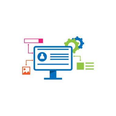 Profil, ayar ve içerik elementleriyle bilgisayar monitörünün düz tasarım vektör çizimi. UI tasarımı, web geliştirmesi ve dijital teknoloji konsepti için mükemmel.