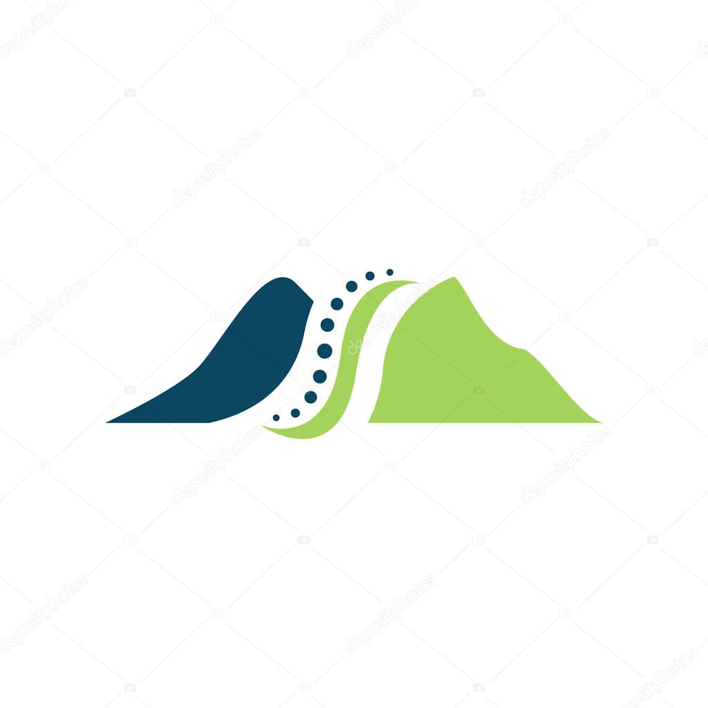 Two abstract mountains in green and blue with a central dotted curve represent harmony between nature and health. Simple yet modern, it conveys wellness and vitality.