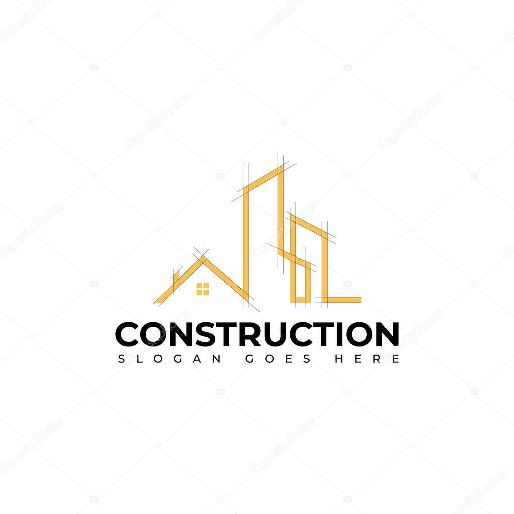 A geometric construction logo with abstract building shapes in modern style. Suitable for contractors, architects, and property developers who want a sleek professional look.