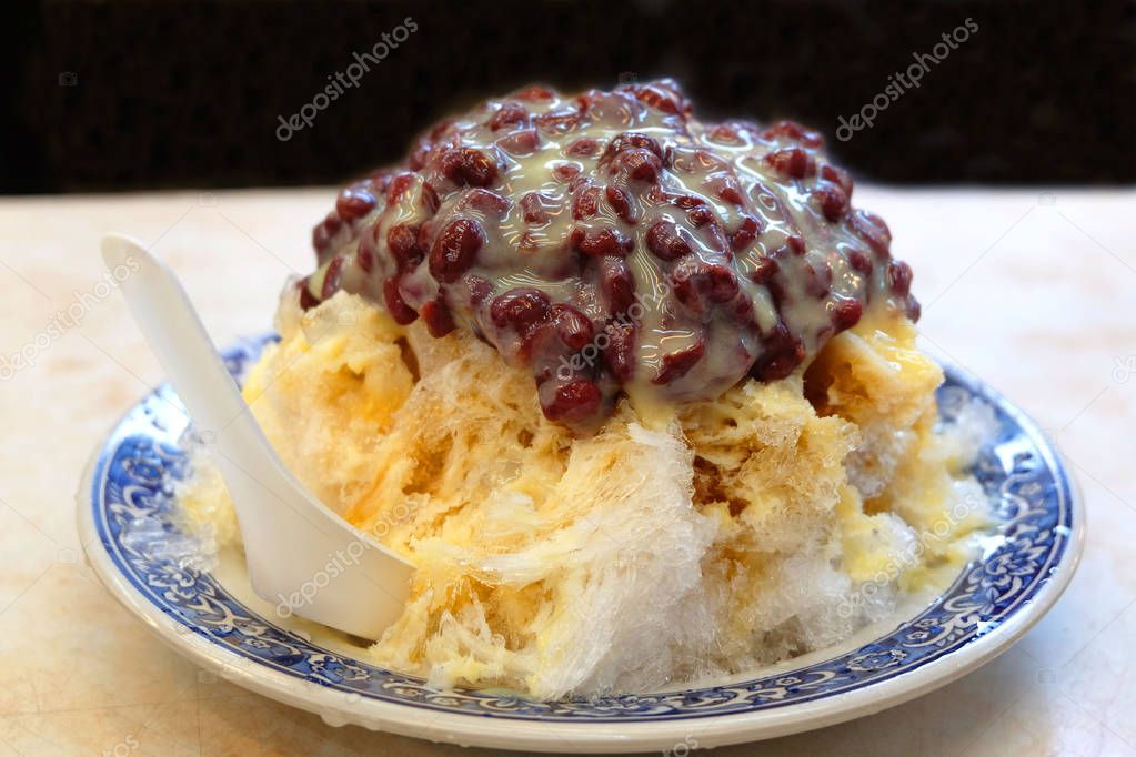 Patbingsu - Korean shave ice with sweetened red beans topping.