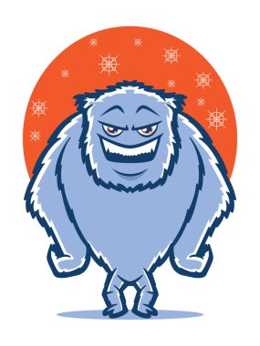 Turuncu arka plan mavi yeti karakterle çizimi