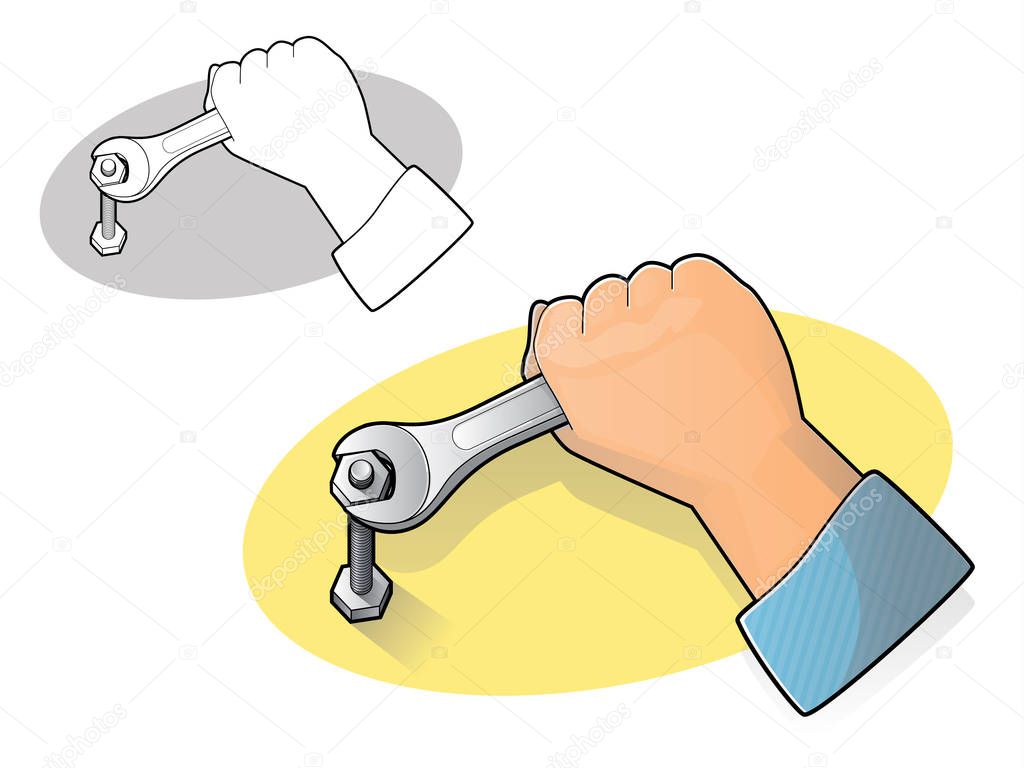 Illustration of a hand using an open end wrench to tighten a nut