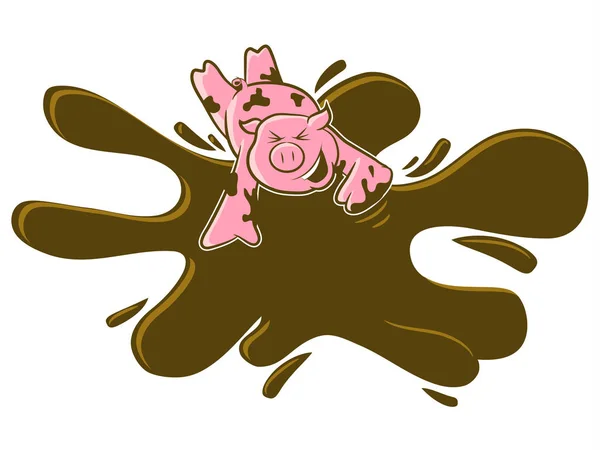 泥の中で幸せなピンクの豚ロールします — ストックベクタ
