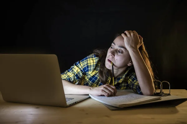 Overworked Female Student Checkered Shirt Holding Head While Working Laptop — Stock Photo, Image