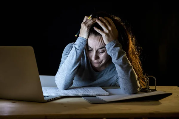 Overworked Tired Female Student Working Night Laptop Feeling Strong Headache — Stock Photo, Image