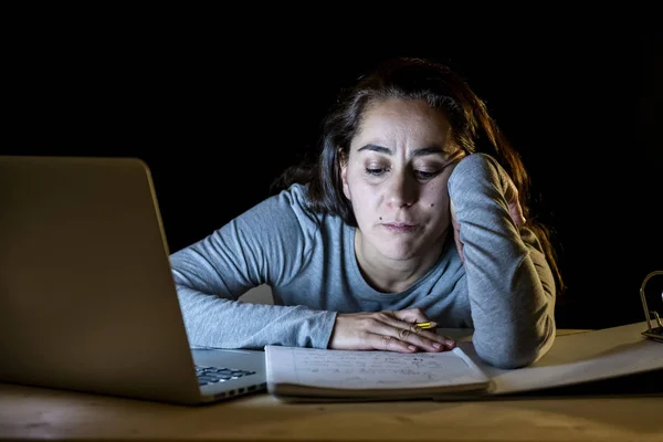 Overworked Tired Female Student Working Night Laptop Trying Fall Asleep — Stock Photo, Image