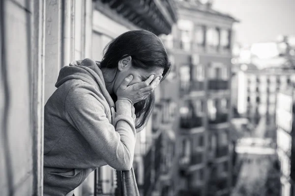 Black White View Depressed Woman Standing Balcony Hiding Face Hands — Stock Photo, Image