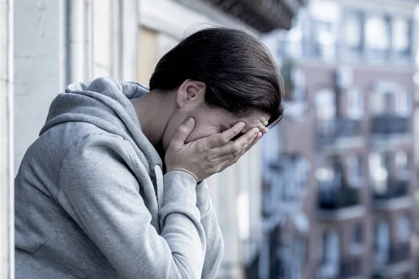 Depressed Woman Standing Balcony Hiding Face Hands Crying — Stock Photo, Image