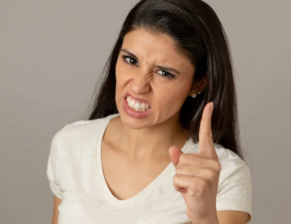 Close Portrait Attractive Young Latin Woman Angry Face Looking Furious — Stock Photo, Image