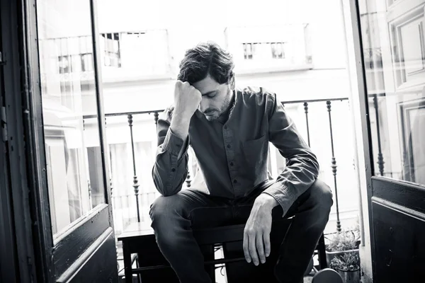 Lonely Young Man Looking House Balcony Looking Depressed Destroyed Sad — Stock Photo, Image