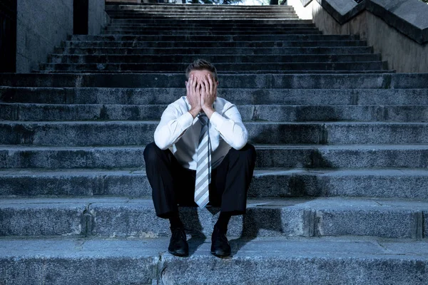 Young Business Man Crying Abandoned Lost Depression Sitting Street Stairs — Stock Photo, Image