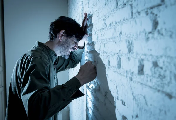 Depressed Man Leaning White Wall Dark Room Home Feeling Sad — Stock Photo, Image