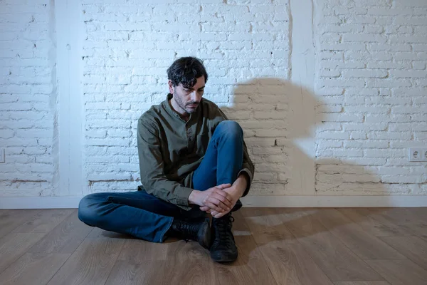 Young Depressed Man Sitting White Wall Home Shadow Wall Feeling — Stock Photo, Image