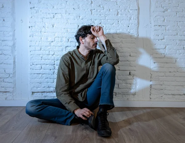 Young Depressed Man Sitting White Wall Home Shadow Wall Feeling — Stock Photo, Image